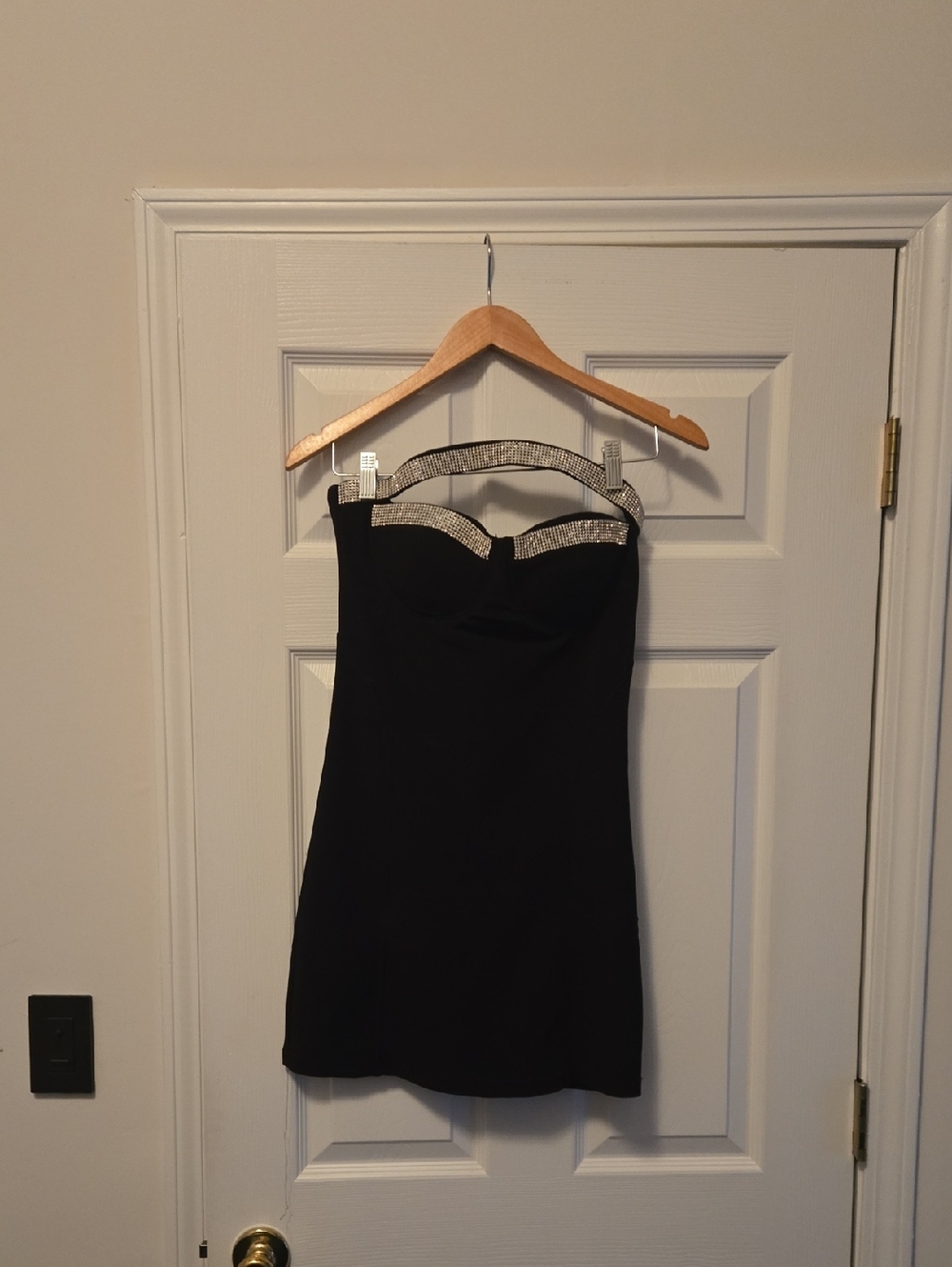 Black Strapless Mini Dress with Rhinestone Trim